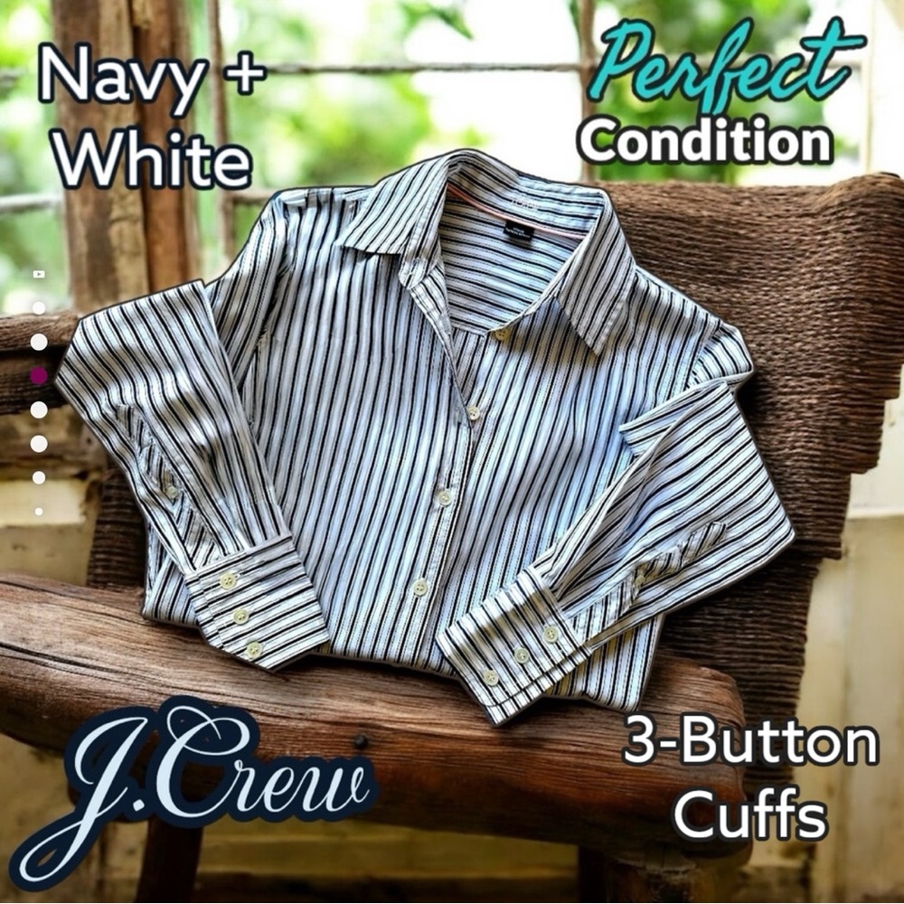 Like New 🌸 J Crew Navy and White Striped Button-Down Shirt Slim Fit, Kathryn Cut - Picture 12 of 17